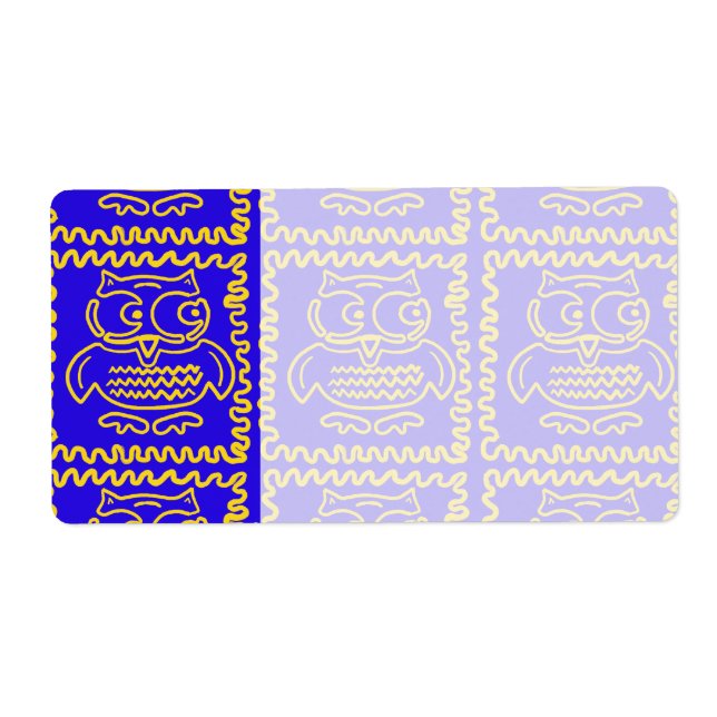 Fun Colorful Owls Blue Yellow ZigZag Pattern Label (Front)