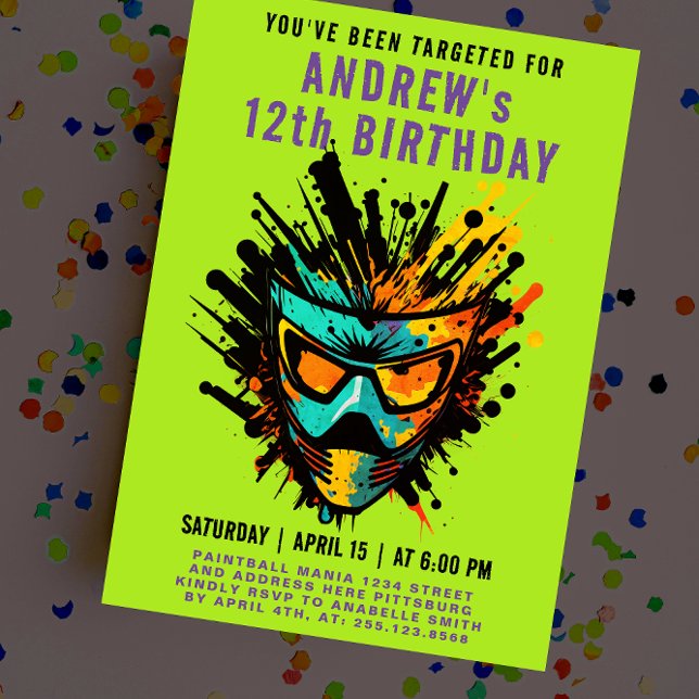 Fun Colorful Paintball Splatter Green Party Invitation (Creator Uploaded)