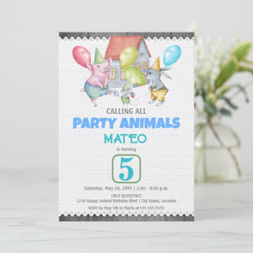 Fun Colorful Party Animals Birthday Invitation