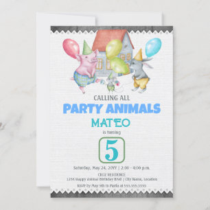 Fun Colorful Party Animals Birthday Invitation