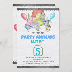 Fun Colorful Party Animals Birthday Invitation