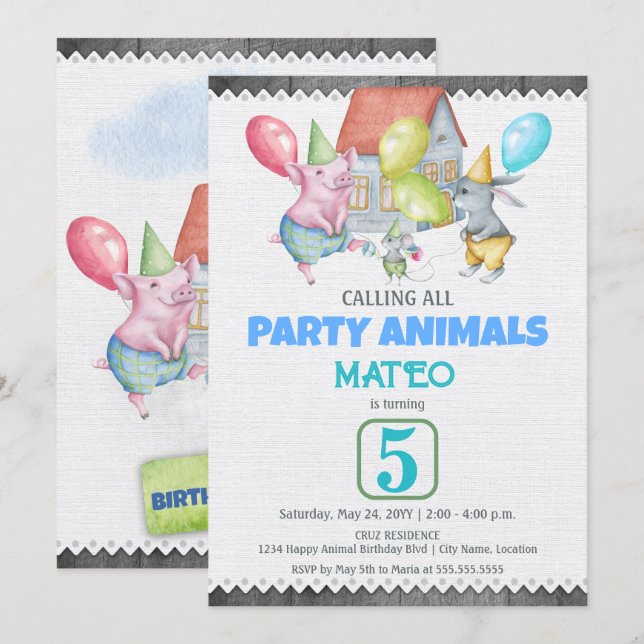 Fun Colorful Party Animals Birthday Invitation (Front/Back)