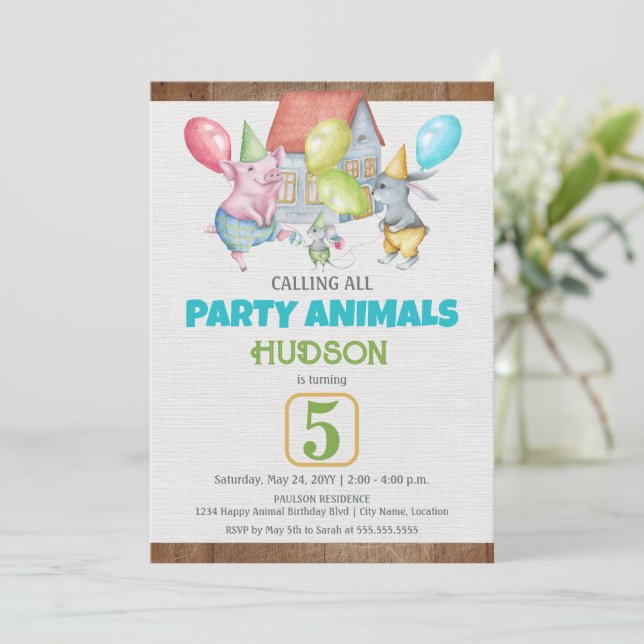 Fun Colorful Party Animals Boy Birthday Invitation (Standing Front)