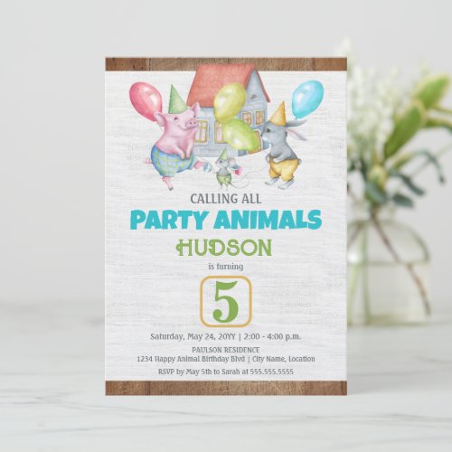 Fun Colorful Party Animals Boy Birthday Invitation