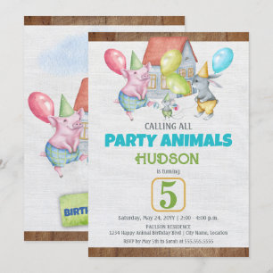 Fun Colorful Party Animals Boy Birthday Invitation