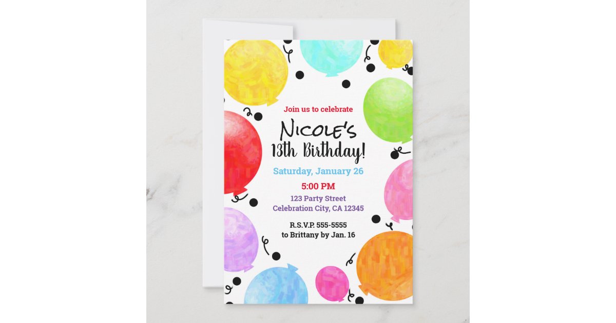 Fun Colorful Party Balloons Birthday Celebration I Invitation | Zazzle