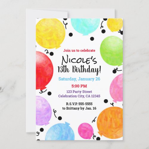 Fun Colorful Party Balloons Birthday Celebration I Invitation