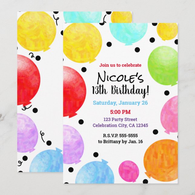 Fun Colorful Party Balloons Birthday Celebration Invitation (Front/Back)