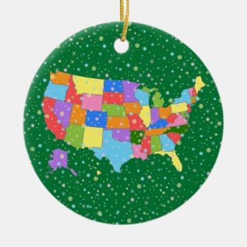 Fun Colorful Pastel Snowflakes And Map Of The Usa Ceramic Ornament by judgeart at Zazzle