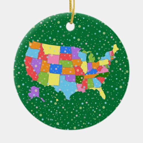 Fun Colorful Pastel Snowflakes and Map of the USA Ceramic Ornament