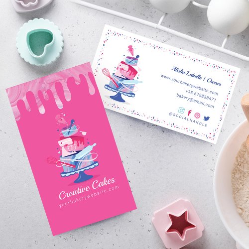 Fun Colorful Pastry Cakes Bakery  Tools Pink Drip Business Card