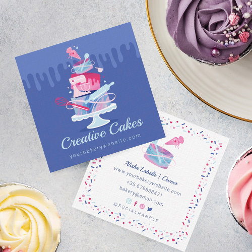 Fun Colorful Pastry Cakes Bakery & Tools Pink Drip Square Business Card
