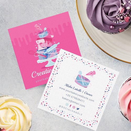 Fun Colorful Pastry Cakes Bakery  Tools Pink Drip Square Business Card