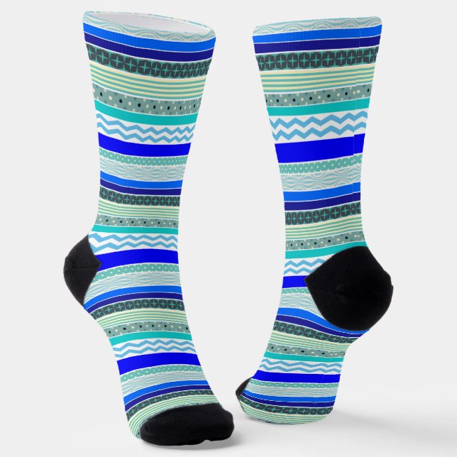 Fun, Colorful, Patterned Blue Stripes Socks (Angled)