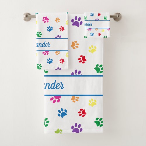 Fun Colorful Paw Prints Personalized Bath Towel Set