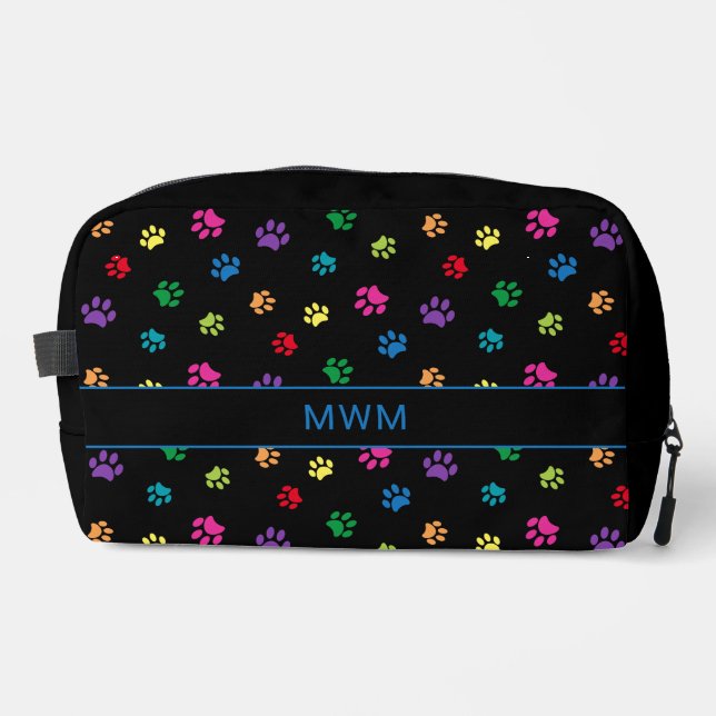 Fun Colorful Paw Prints Personalized Black Dopp Kit (Front)