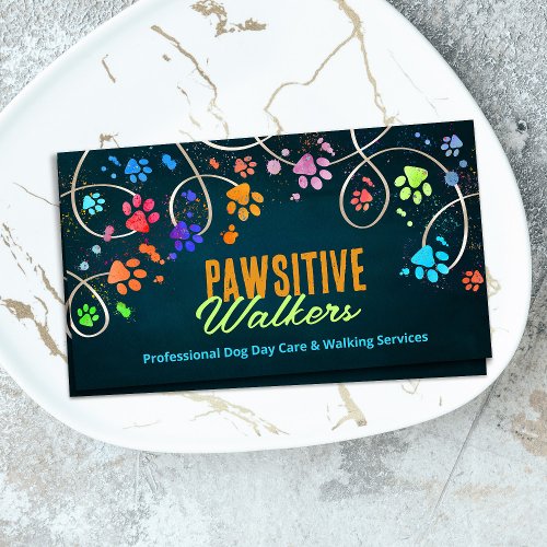 Fun Colorful paw prints trail _ Dog Walker Business Card