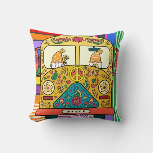 Fun Colorful Peace Love Gnomes Bohemian Hippie Van Throw Pillow