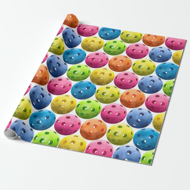 Fun Colorful Pickleballs Wrapping Paper (Unrolled)