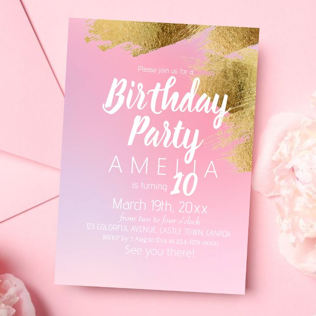 Fun Colorful Pink Gold Modern Kids Birthday Party Invitation (Creator Uploaded)