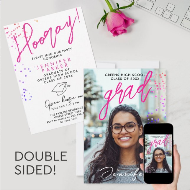 Fun Colorful Pink Grad Double Sided Photo Invite  (Creator Uploaded)