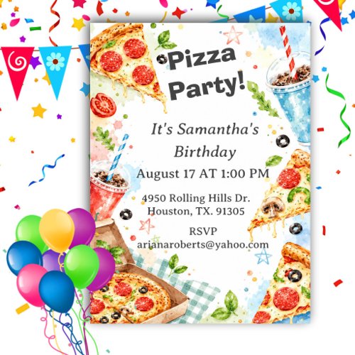 Fun Colorful Pizza Party Birthday  Invitation