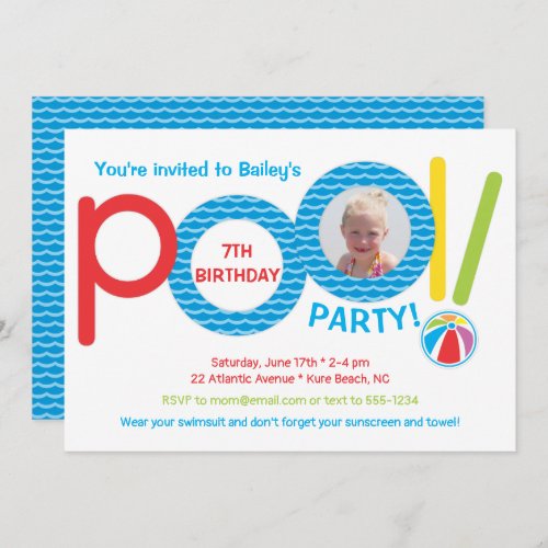 Fun Colorful Pool Party Kids Photo Birthday Party Invitation