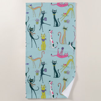 Fun Colorful Quirky Cats Pattern Beach Towel
