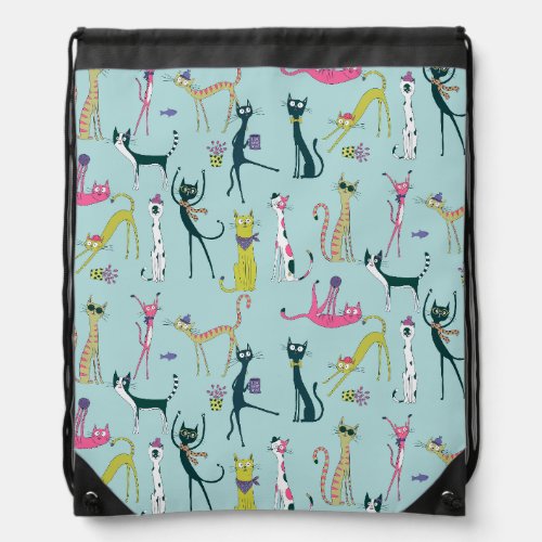 Fun Colorful Quirky Cats Pattern Drawstring Bag