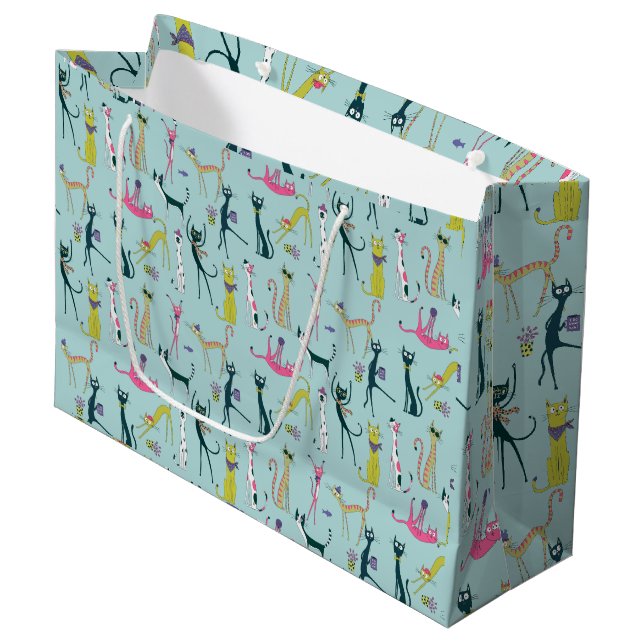Fun Colorful Quirky Cats Pattern Large Gift Bag (Front Angled)