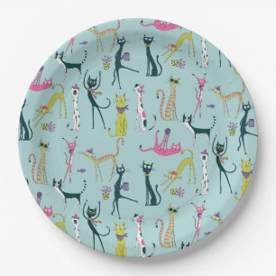 Fun Colorful Quirky Cats Pattern Paper Plates
