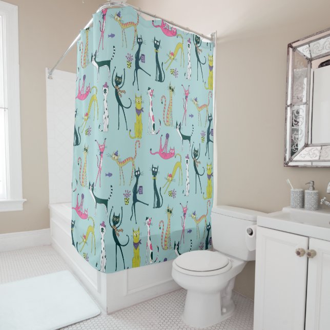 Fun Colorful Quirky Cats Pattern Shower Curtain (In Situ)