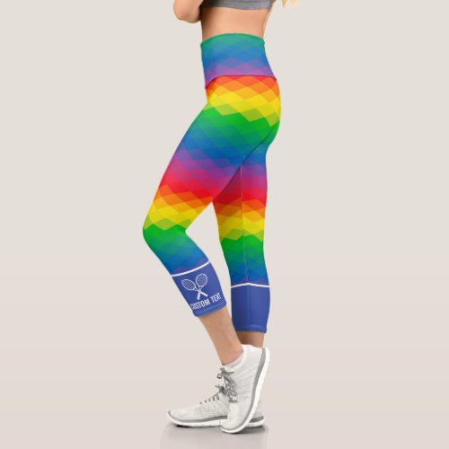 Fun Colorful Rainbow Print Custom Tennis Logo  Capri Leggings