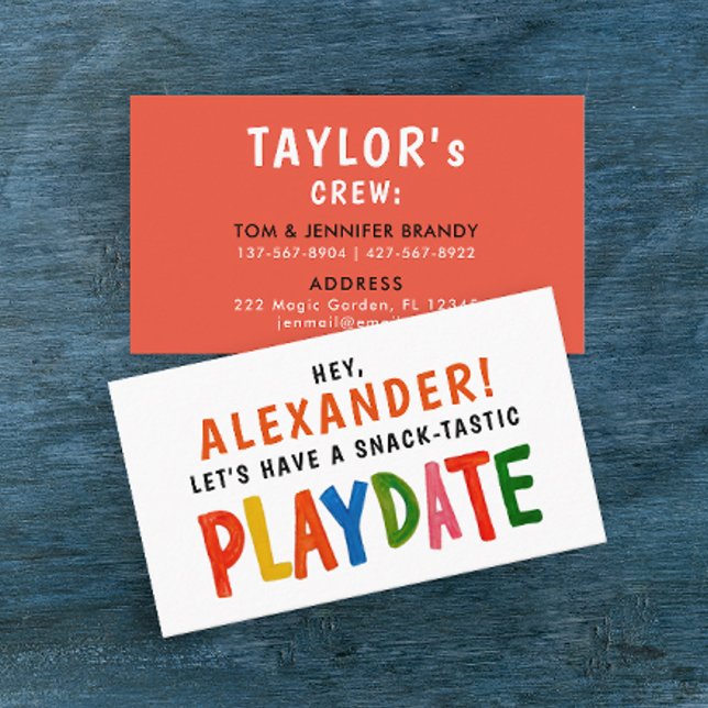 Fun Colorful Red Playdate Kid Modern Script Business Card (Creator Uploaded)