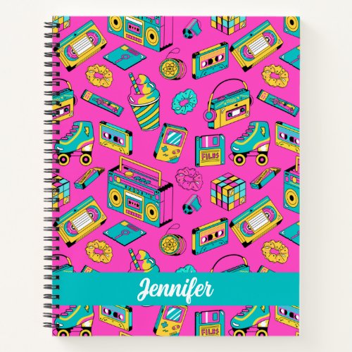 Fun Colorful Retro 80s Music Player Neon Pink Name Notebook