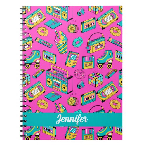 Fun Colorful Retro 80s Tech Players Neon Pink Name Notebook