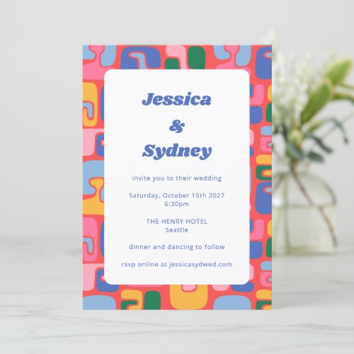 Fun Colorful Retro Abstract Art Red Blue Wedding Invitation