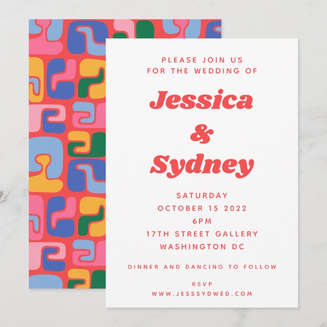Fun Colorful Retro Abstract Art Wedding Invitation (Front/Back)