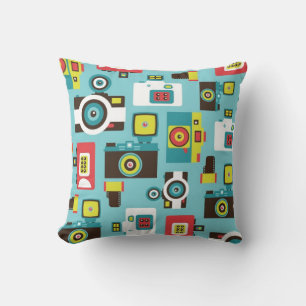 Fun Colorful Retro Lomo Cameras Pattern (Blue) Throw Pillow