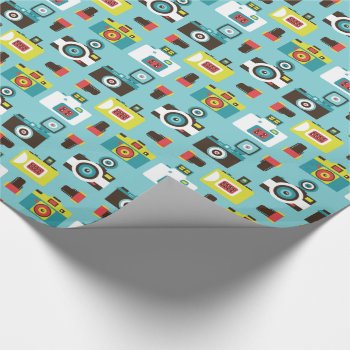 Fun Colorful Retro Lomo Cameras Pattern (blue) Wrapping Paper by funkypatterns at Zazzle