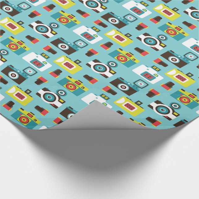 Fun Colorful Retro Lomo Cameras Pattern (Blue) Wrapping Paper (Corner)