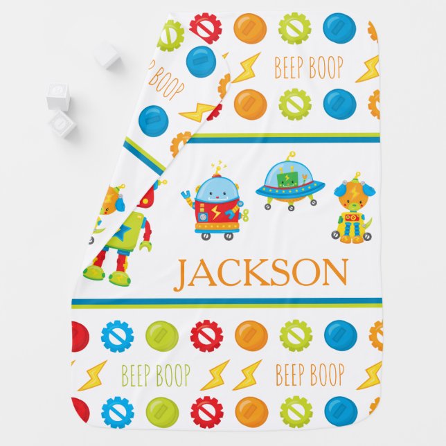 Fun Colorful Robot Beep Boop Pattern Boy Baby Blanket (In Situ)