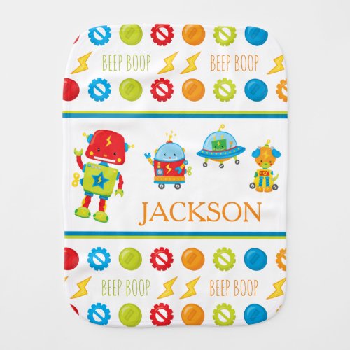 Fun Colorful Robot Beep Boop Pattern Boy Baby Burp Cloth