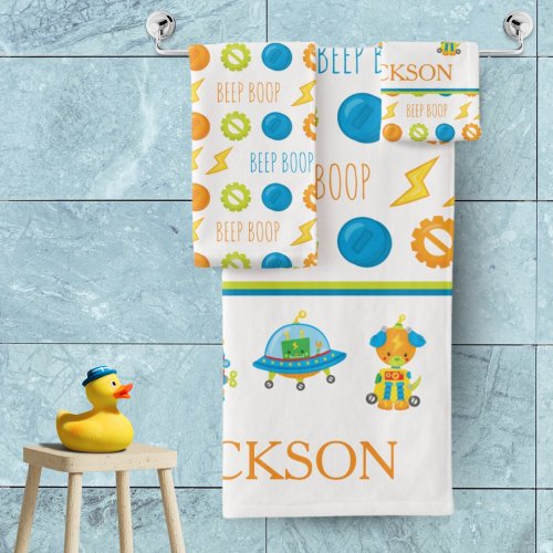Fun Colorful Robot Beep Boop Pattern Kid Bath Towel Set