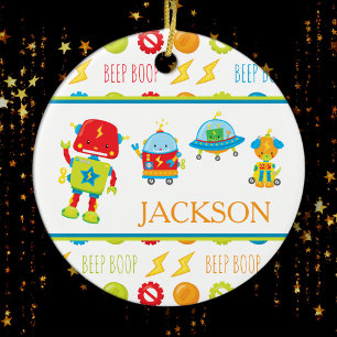 Fun Colorful Robot Beep Boop Pattern Kid Christmas Ceramic Ornament