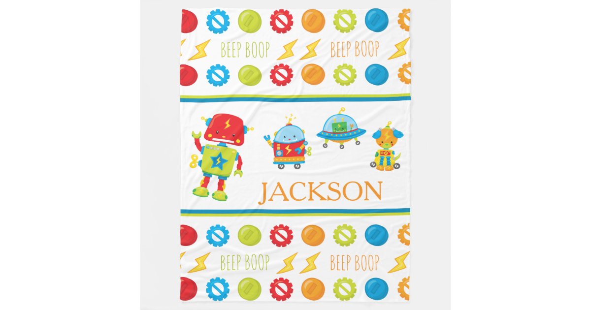 Fun Colorful Robot Beep Boop Pattern Kid Fleece Blanket | Zazzle