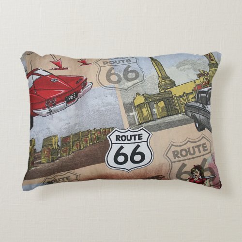 Fun Colorful Route 66 Collage Pattern Decorative Pillow