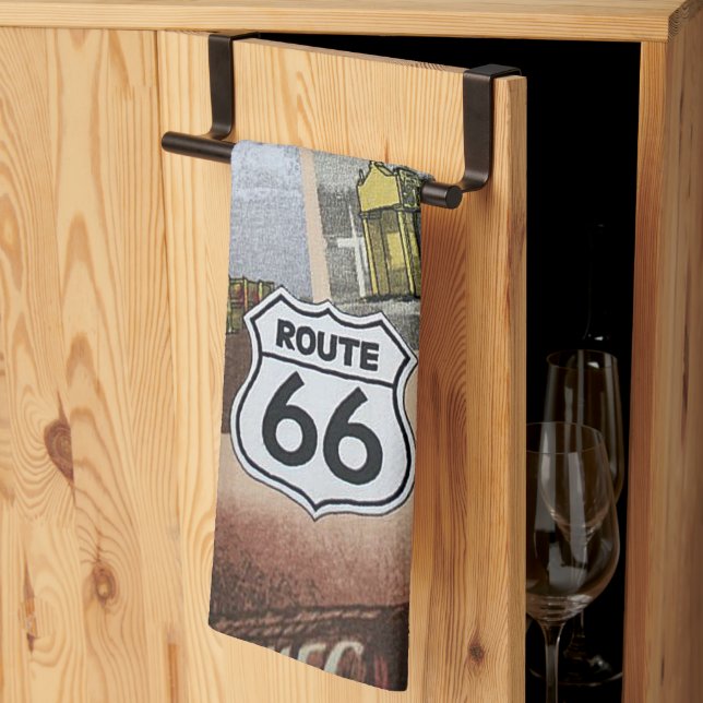 Fun Colorful Route 66 Collage Pattern Kitchen Towel (Thirds Fold)