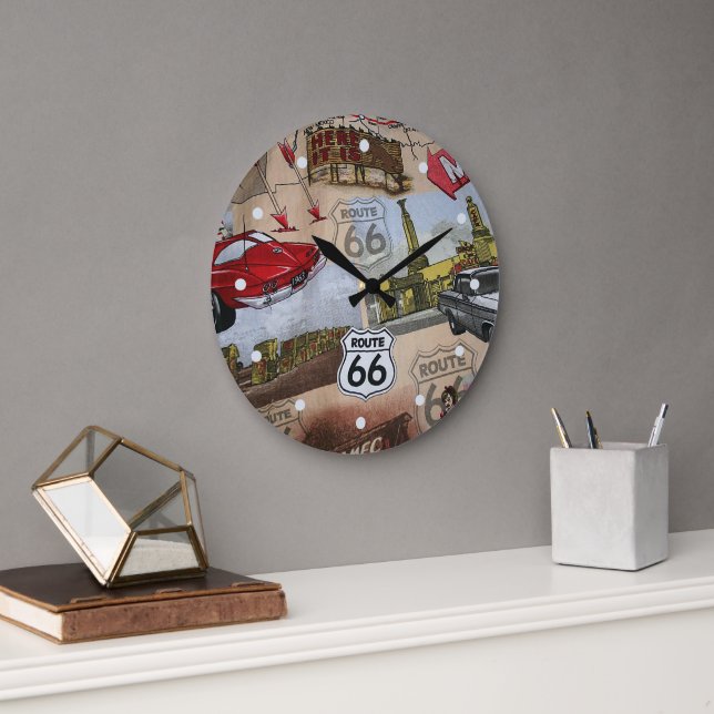 Fun Colorful Route 66 Collage Pattern Large Clock (Office)