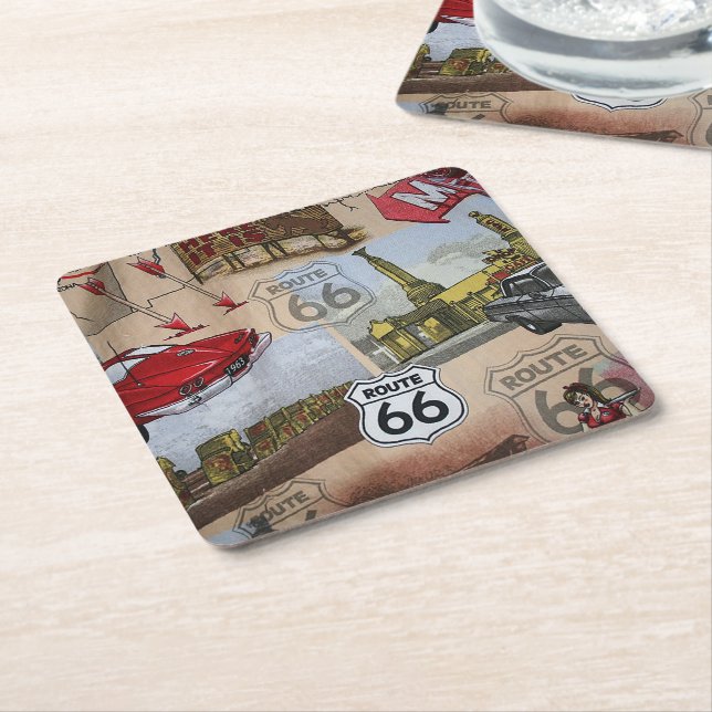 Fun Colorful Route 66 Collage Pattern Square Paper Coaster (Angled)